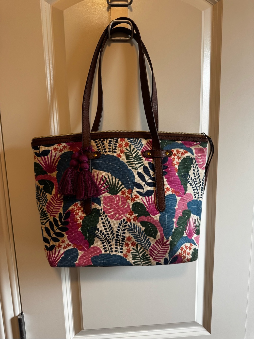 Fossil- Floral Tropical Canvas Tote Bag with Tassel - Pink, Blue, Green